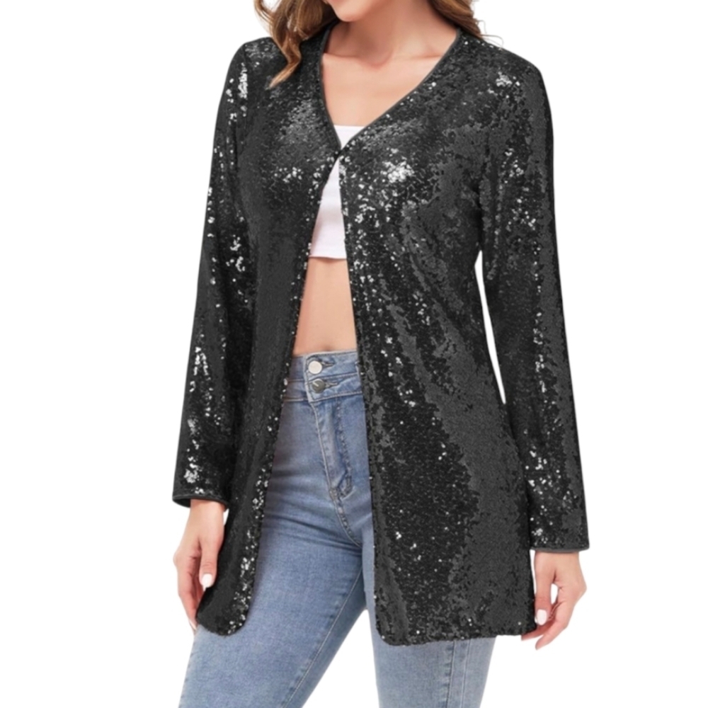 Anna-Kaci Black Sequin Embellished Open Front Sequin Jacket Women Size Medium